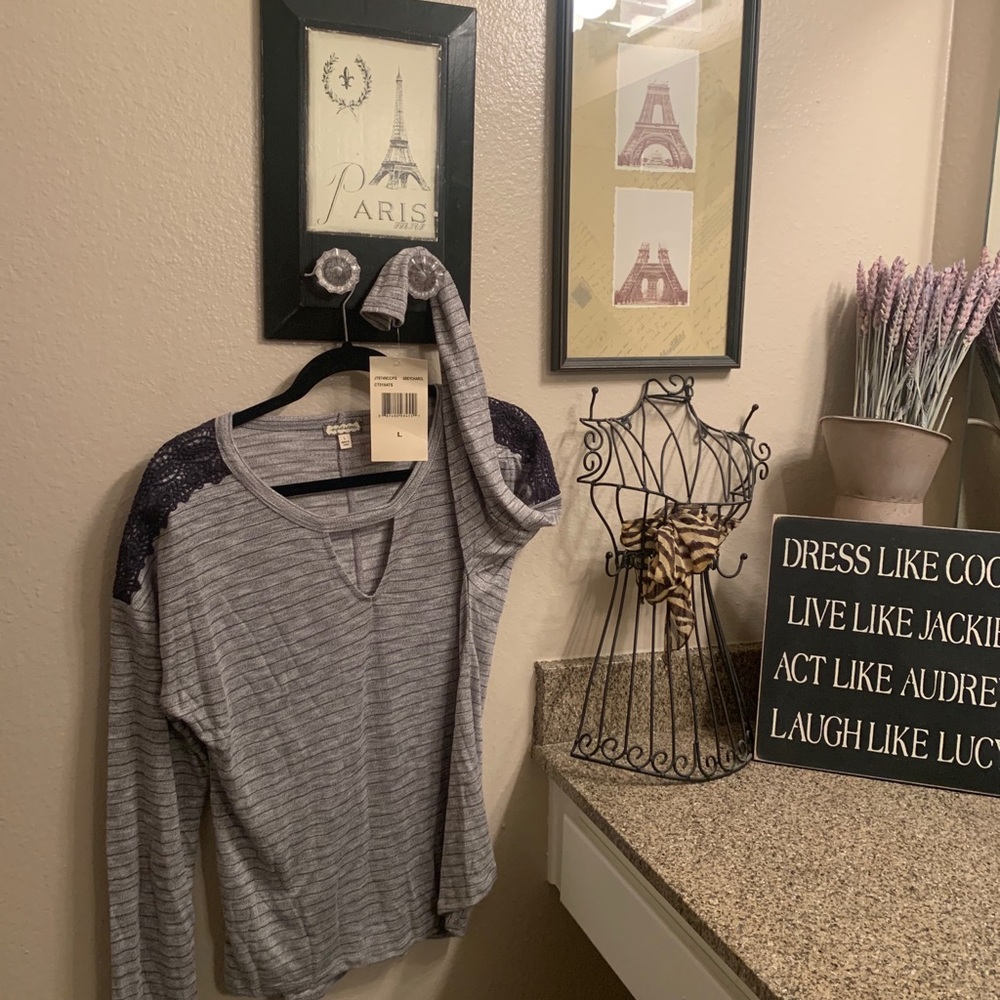 EyeShadow long sleeve gray shirt w/ black stripes